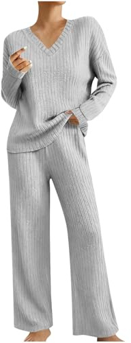 ticticlily Tuta Donna Completa in Maglia Costine Invernale Maglione Scollo V e Pantaloni a Vita Alta Larghi Completo Tute Casa Pigiama 2 pezzi Lounge Set Completi Jogging A Grigio Chiaro M