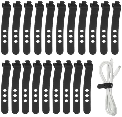 QUARKZMAN 20Pcs Bridas De Cable De Silicona Correa Multiusos Negro | Brida Reutilizable De Goma De 3 Agujeros Con Hebilla De Bloqueo Y Cordón Elástico Ajustable