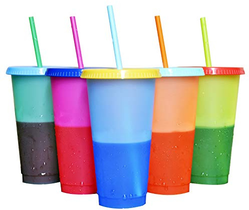 YISITUO 5 colors of plastic cup Variable color cup 24 oz Reusable plastic cup Color changing cup Plastic cup with cover and straw Color changing stadium cup, set of5 (One box (pack of 5))