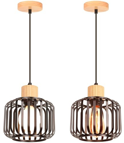 iDEGU 2 stycken pendellampor 18 cm vintage hängande lampa av trä metall bur lampskärm vit industriell lampa taklampa modern hänglampa för matsal kök sovrum vardagsrum (svart)