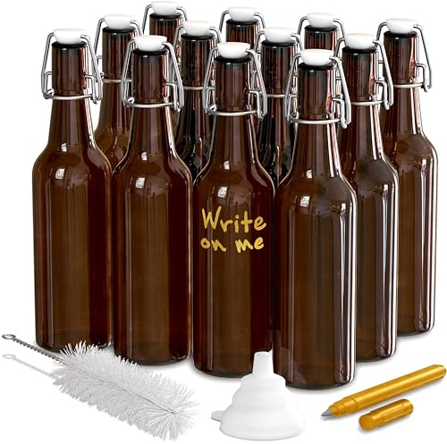 Nevlers Amber Swing Top Glass Bottles 16oz 12 Pack | Empty Beer Bottles for Home Brewing , Fermentation or General Storage | Resealable Flip Top Glass Bottle Set | Durable Kombucha Bottle Bottling Kit