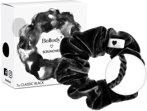 Bellody® Scrunchies Samt – Samtig weich, starker Halt, Velvet Look, exklusive Farben (1 Stück - Classic Black) - Haargummi Scrunchie in Schwarz