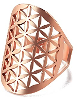 Amaxer Acier Inoxydable Fleur de Vie Mandala Géométrie Sacrée Anneau pour Femmes Déclaration Évidé Bande Réglable Anneau Bijoux pour Dame (Or rose)