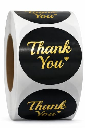500 Thank You Stickers Roll – 1.5 Inch Black and Gold Foil Round Labels – Elegant Thank You Stickers Small Business Packaging, Envelopes, Gift Bags, Orders, Party Favors, Crafts