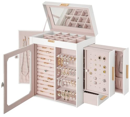 HOOBRO Schmuckschatulle mit Spiegel, Schmuckaufbewahrung, Schmuckkästchen Reise, Schmuck Organizer mit Glasfenster, vertikale Aufbewahrung, für Ohrringe, Ringe, Halsketten, Weiß EWT03JB04G2