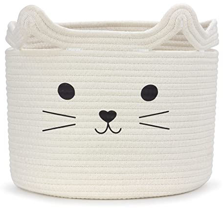 Goodheim Aufbewahrungskorb Kinder aus Baumwolle für Spielzeug und Wäsche, Wäschekorb und Spielzeugkorb in einem, Kinderzimmer Deko Weiße Katze