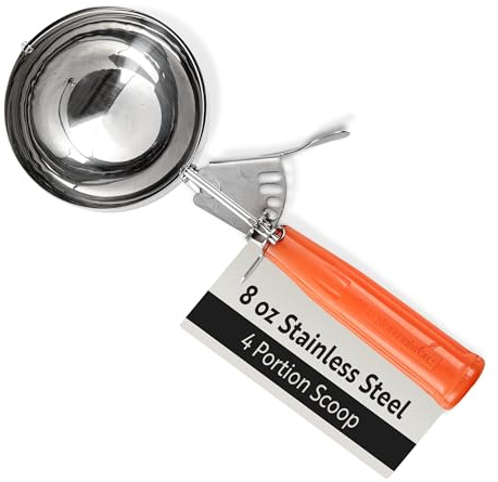 Restaurantware Met Lux - Cuchara de porción de 8 onzas, 1 cuchara duradera para disher – gatillo de pulgar, plato de helado de acero inoxidable naranja, para control de porciones, para helado, puré de