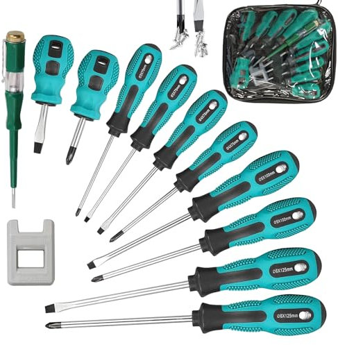 11Pcs Screwdriver Set, Heavy Duty Magnetic Screwdriver Set with Tester, 5 Flat & 5 Cross Head Screwdriver Sets Durable Hand Tools with Carry Bag, Screwdriver Kit, Chrome Vanadium Steel & Non-Slip Grip