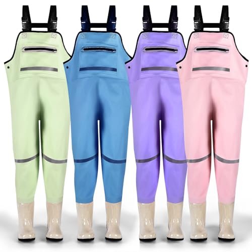 IEEILULU Kinderwathose, Wathose mit Stiefel, Jugendliche Kinder Brust Wathose mit Brusttasche und Verstellbarer Riemen, Angeln Stiefel Kinder Wader Watstiefel Anglerhose wasserdichte (Grün, 30)