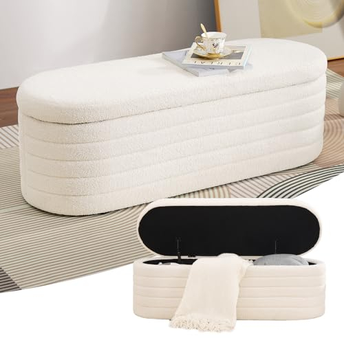 LEUTED Sitzbank mit Stauraum, 117 x 41,5 x 40 cm Truhenbank mit Stauraum, Teddystoff Sitzhocker, Moderner Sitztruhe mit Stauraum, Truhe mit Deckel für Schlafzimmer Wohnzimmer (Weiß)