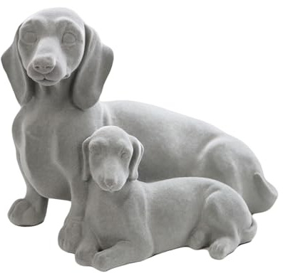 Darthome Dachshund Pair Ornament 21cm Grey Velvet Resin Sitting Sausage Dog Family Sculpture