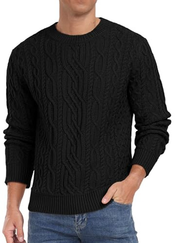 Hisir Mens Cable Knit Jumper UK Crew Neck Winter Jumpers Long Sleeve Pullover Sweater Tops for Men (Black, L)
