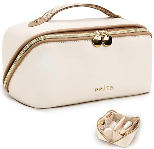 Prite Trousse de Maquillage pour Femme Trousse de Toilette en Cuir PU Vanity Imperméable pour Voyage avec Séparateur Transparent et Poignée (Beige L)