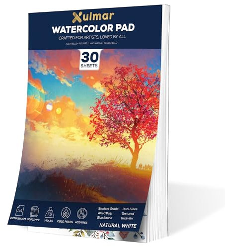 Xulmar Watercolour Paper Pad -Pack of 2- A4 x 30 Sheets, 300 GSM Cold-Pressed 100% Acid-Free pulpwood Material | Natural White, Glue-Bound for Watercolor Painting