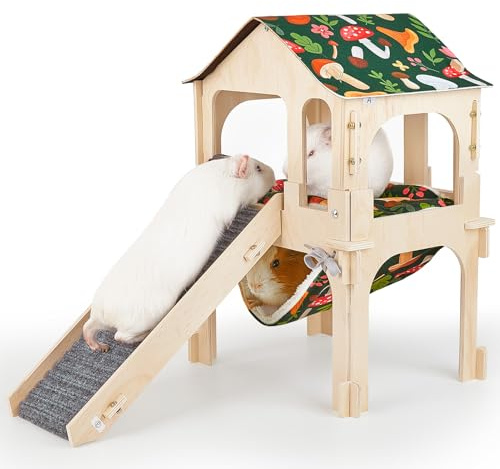 Hedgeink 2-Story Wooden Guinea Pig House with Climbing Ramp & Hanging Hammock, Double-Decker Hideout House with Soft Mats, Vertical Playground & Sleeping Hut for Small Animals, Chinchillas, Rats