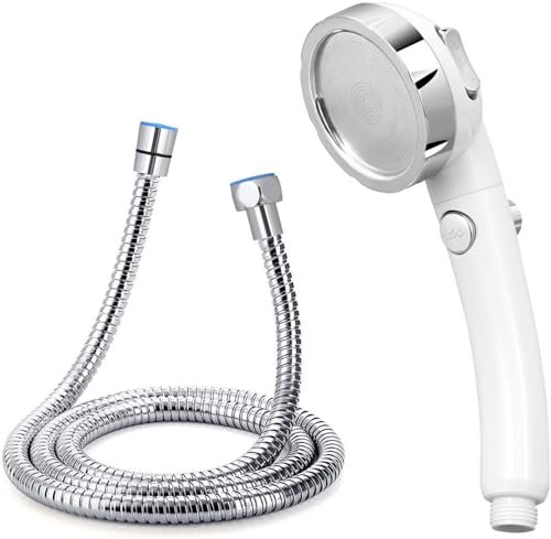 AYESY Doccia Portatile, 3 Modalità Soffione Doccia con Pulsante On/Off e 1.5m Flessibili Doccia in Acciaio Inox, Soffione Doccia con Booster di Pressione a Risparmio Idrico Universale Cromato Bianco