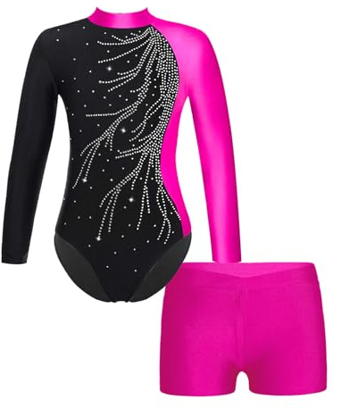 Sinleey Flicka barn gymnastikdräkt glitter strass med shorts set dans gymnastik konståkning kostym show år