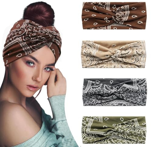 CHUANFU 4 stycken pannband för kvinnor, elastiskt sporthårband, boho turbaner för kvinnor, vintage blomma, tryckt, halkfri bandana, för yoga och löpning (A)