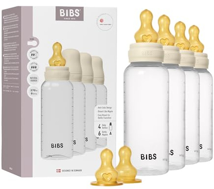 BIBS Baby Plastic Bottle 4-Pack 270ml. Anti-Colic. Vented Round Natural Rubber Latex Teat. Supports Natural Breastfeeding, Complete Set - 270 ml (Pack of 4 + 2 Extra Teats), Ivory