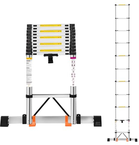 Escalera telescópica de 4,3 m, con barra de equilibrio antiinclinación de acero inoxidable de alta resistencia, escaleras extensibles, patas antideslizantes, altura ajustable, portátil para exteriores