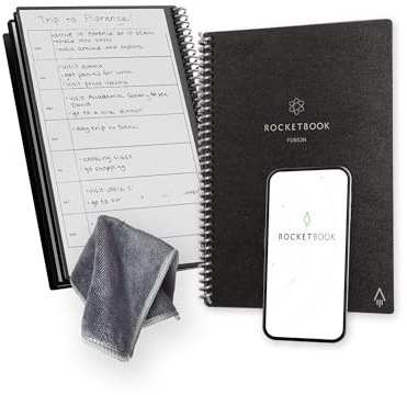 Rocketbook Fusion - Planificador de productividad reutilizable sin fecha, 15 cm x 22,4 cm, color negro, objetivos, calendario mensual y semanal, lista de tareas diarias, páginas rayadas y punteadas