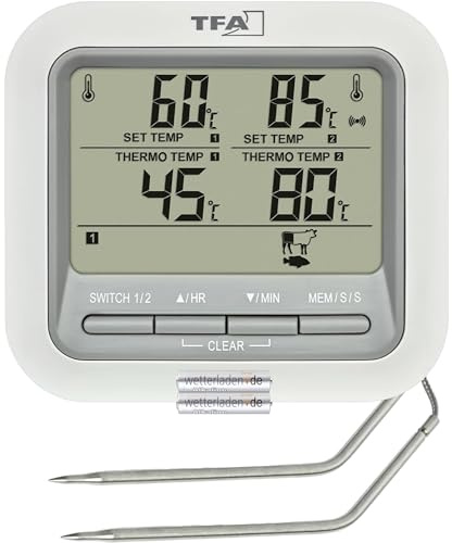 TFA Dostmann Digital grill-stektermometer 14.1516, med 2 sonder av rostfritt stål, kötttermometer för ugn grill, upp till 300 °C, med larmfunktion, nötkött/gris/kyckling/fisk (vit med batterier)