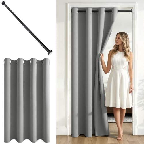 MRTREES Cortina Puerta Gris Claro con Barra Telescópica 1 Pieza 140x195 CM
