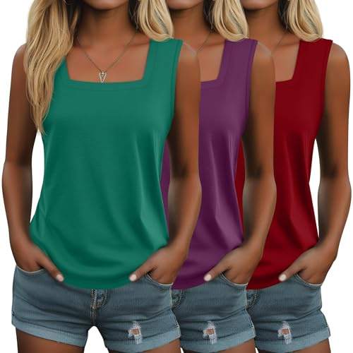 Suilung 3 Pack Women's Tank Tops Summer Casual Sleeveless Shirts Square Neck Loose Fit Tank Top