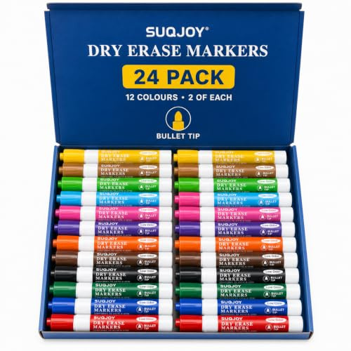SUQJOY Feutres Effaçables à Sec pour Tableau Blanc, Lot de 24 Marqueurs, 12 Couleurs, Pointe Ogive 2 mm, Faible Odeur
