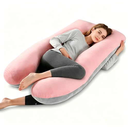 Otauoaea Almohada para Embarazadas, Almohada de Embarazo, Almohada de Cuerpo Completo en Forma de U, Almohada de Lactancia con Funda de Terciopelo Extraíble y Lavable,145x70 cm, Rosa & Gris
