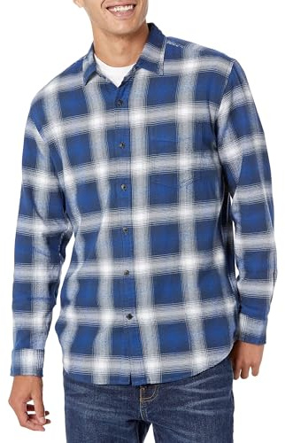 Amazon Essentials Camisa de franela de manga larga Hombre, Azul Blanco Cuadros Grandes, XL