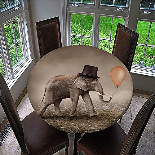 FANSU Runde Tischdecke Wasserabweisende, 3D Tier Drucken Abwaschbar Gartentischdecke rutschfest Abwischbare Desktop Dekorative Tuch Hotel Bankett Party (Ballon-Elefant,Durchmesser 130cm)