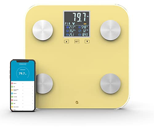 WottoCare - Báscula Digital Profesional Inteligente IMC, Análisis 18 Mediciones: Peso, Grasa Corporal, Muscular, Bluetooth, App AiFit, Bascula de Baño Pantalla Pro, Memoria 9 Users, Color: Amarillo