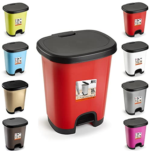 18L Slim Pedal Bin Kitchen Dustbin, Hands Free Step Trash Can with Soft Close Lid, Narrow Plastic Waste Bin for Bathroom, Office and Home Pedal Bin (Red with Black Lid (D2)