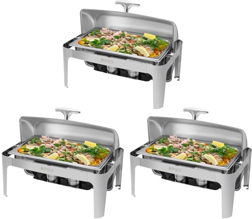 ROVSUN 3-Pack Roll Top Chafing Dish Buffet Set,9 Quart Full Size Pan Chafer, NSF Stainless Steel Rectangular Setfor Wedding,Parties,Banquet, Catering Events
