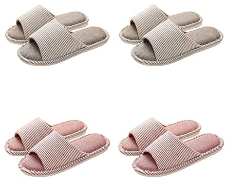 Teceyfeet Lot de pantoufles unisexes pour hôtel, 4 paires lavables - Pantoufles de bain avec semelle antidérapante en lin, pour spa, invités de fête, hôtel et voyage, 38/43 EU