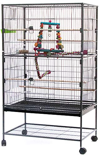 Volière Vogelkäfig auf Rollen, Design Haus, Sitzstangen, Türen, Kot, abnehmbar, Metall, Käfig, Lieferung mit Zubehör und Halterung mit Aufbewahrung, 78 x 52 x 132 cm