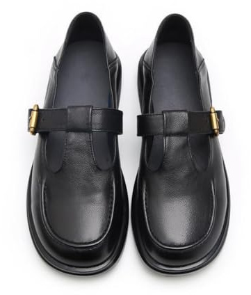 Mary Jane - Zapatos planos clásicos de piel suave con correa en T para mujer, Negro , 39 EU