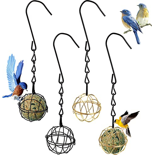 4Pcs Fat Ball Bird Feeders for Small Birds, Hanging Bird Feeder with 2 S-shaped, Metal Fat Ball Holder for Outdoor Garden Wildlife Birds Finch Sparrow Robin