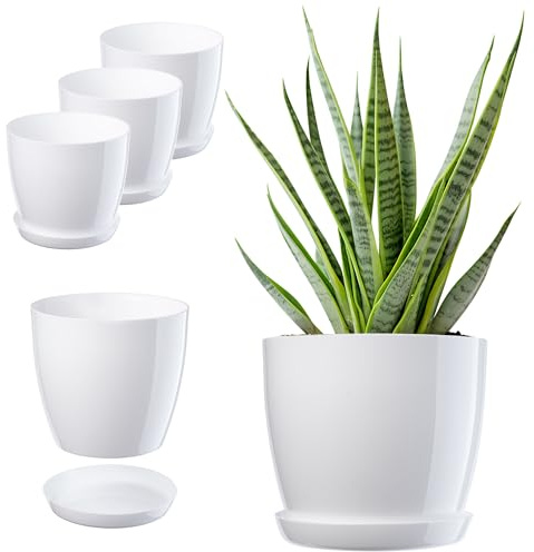 KADAX - Vaso da fiori da 23 cm, in plastica con sottovaso per piante da casa, vaso da interno leggero per migliorare la decorazione della casa (Bianco, set di 3)