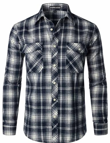 Halfword rutiga skjortor män flanell vardagliga rutiga skjortor bomull button down långärmad lös passform krage höst vinter, Blå-beige, L