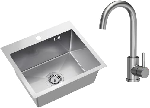 VBChome Edelstahlspüle mit Armatur 50 x 45 cm Gebürsteter Edelstahl Einbauspüle mit Hahnloch Edelstahl Küchenspüle Spüle Groß Becken Ablaufgarnitur Siphon Edelstahlspüle Gebürstet mit Armatur