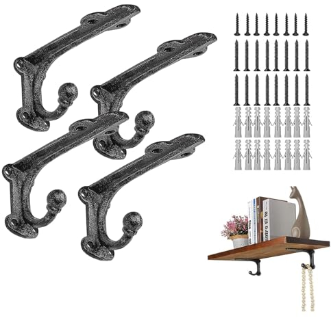 ChasBete Regalhalterung 4 Stück, Schwerlast Regalhalterung 10 cm, Schwarz Regalträger mit Haken, Metall Wandhalterung Regal Winkel