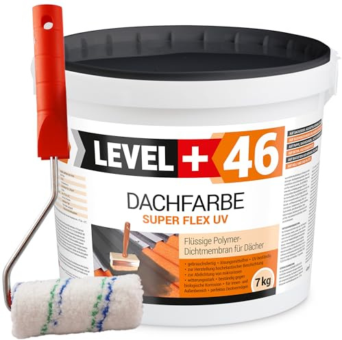 LEVEL+ RM46 - Pintura para tejado (7 kg, color marrón, revestimiento de techo, membrana de polímero flexible, resistente a la intemperie, incluye rodillo de 10 cm, microfibra con patillas