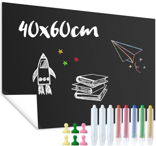 Tafelfolie Magnetisch Selbstklebend 40 x 60cm, Magnetfolie Selbstklebend Stark Abwischbare Magnet-Tafel Schwarz, Magnettafel für glatten Oberflächen in Schule Büro Haus, mit staublose Kreide, Magneten