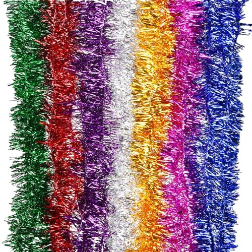 KFSCIP 7 Articles Tinsel, Green Chunky Metallic Shiny Garland Christmas Tree Hanging Decorations For Xmas Holiday Indoor Outdoor Party Decor (7 colors)
