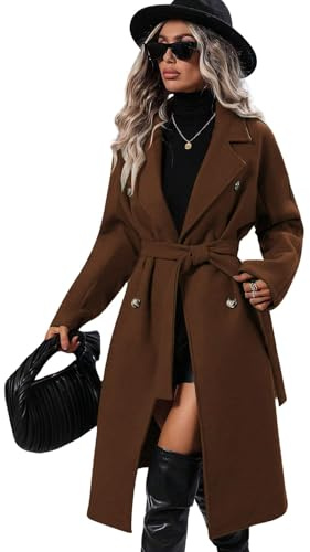 utcoco Womens Long Wool Pea Coat Notched Lapel Double Breasted Trench Coat Winter Warm Overcoat with Belt, Brown, X-Small