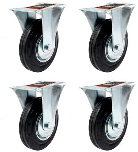 Tradineur - Pack de 4 ruedas fijas para muebles, goma y hierro, incluyen placa de montaje, rueda de transporte para cargas pesadas, industrial, peso máx. 70 kg, Ø 125 mm
