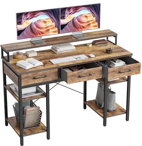 CubiCubi Computer Desk with 3 Drawers and Monitor Stand, 120cm Office Desk with Storage Shelves, Industrial Style Gaming Desk for Study, Bedroom, Living Room, Rustic Brown