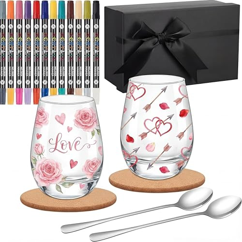 Sinmoe 2 Set Paint Your Own Glass Mug Kit for Adult Graduation Birthday Colleague Teacher Appreciation Wedding Gift DIY Paintable Kit Include 2 Wine Glass 2 Spoon 12 Pen 2 Coaster Gift Box(350ml)